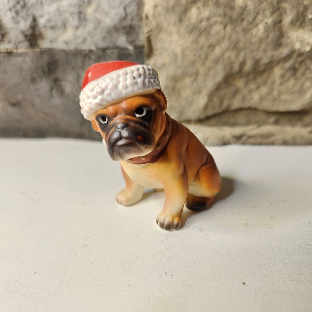 Vtg Mack Truck Mini Christmas Mascot Bulldog Figurine Santa Hat Ceramic Rare